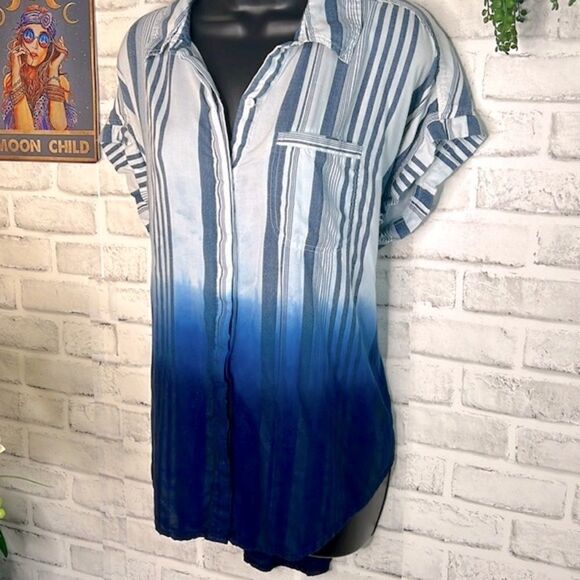 KC Khakis & Company Striped Ombre Button Down Shirt Y2K Grunge Boho Size Medium - Picture 3 of 9